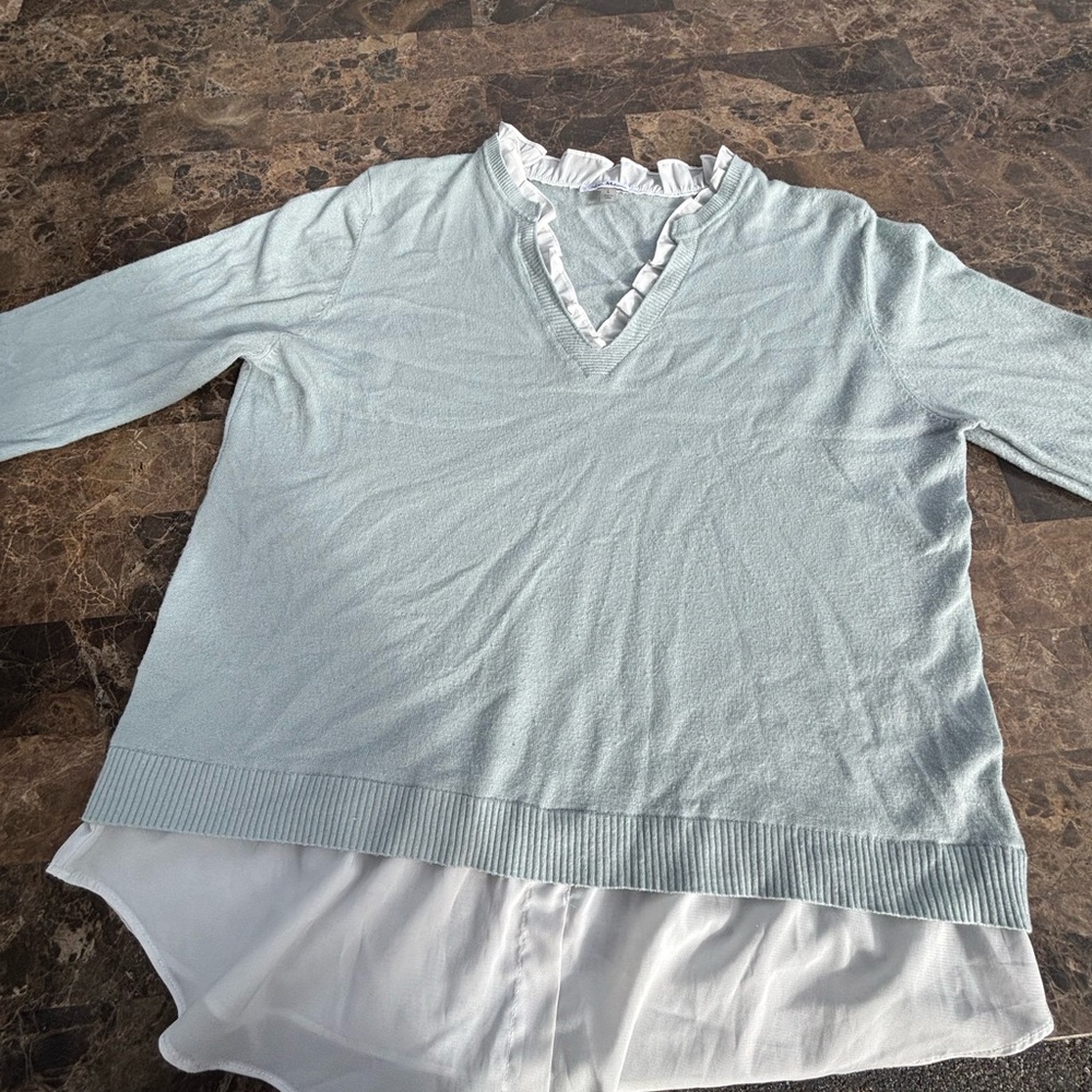 Milano Light Blue V-Neck Sweater with Ruffle Trim